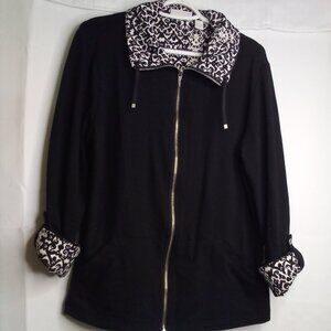 Weekends by Chico's Jacket Women 2 L Full Zip Pockets Roll Tab Sleeve Black